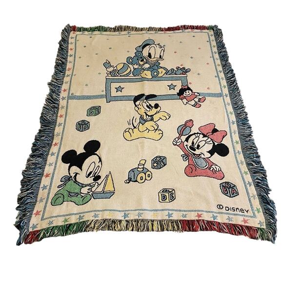 90s Vintage 45” x 53” Disney baby blanket fringe blue white Mickey Mouse toys - Picture 1 of 10